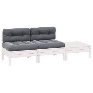 Set mobilier de grădină cu perne, 3 piese, alb, lemn masiv pin