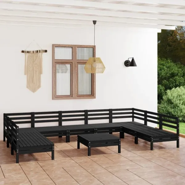 Set mobilier relexare grădină, 10 piese, negru, lemn masiv pin