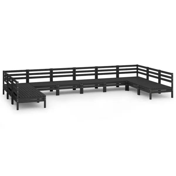 Set mobilier relexare grădină, 10 piese, negru, lemn masiv pin