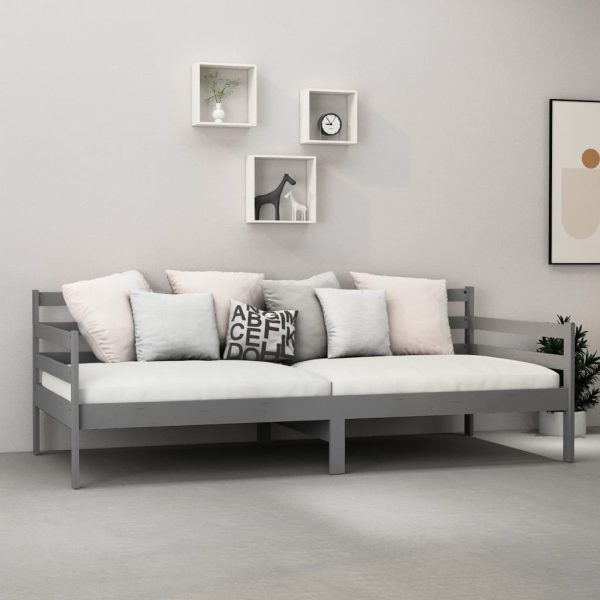 Pat de zi cu saltea, gri, 90×200 cm, lemn masiv de pin