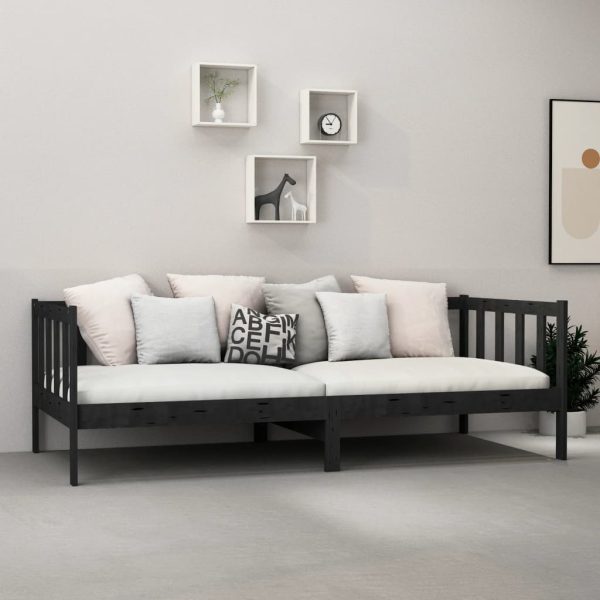 Pat de zi cu saltea, 90×200 cm, negru, lemn masiv de pin
