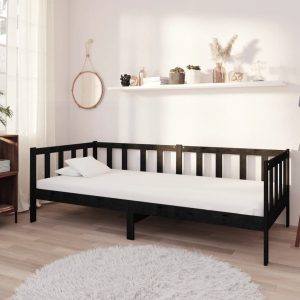 Pat de zi cu saltea, 90×200 cm, negru, lemn masiv de pin