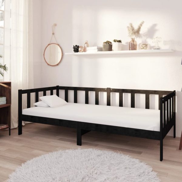 Pat de zi cu saltea, 90×200 cm, negru, lemn masiv de pin