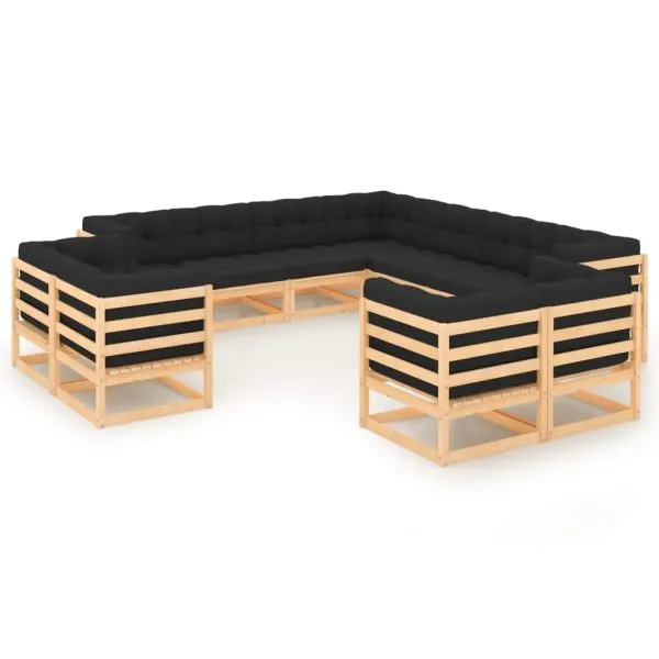 Set mobilier grădină cu perne antracit, 11 piese lemn masiv pin