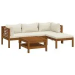 Set mobilier grădină cu perne crem, 5 piese, lemn masiv acacia