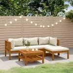 Set mobilier grădină cu perne crem, 5 piese, lemn masiv acacia