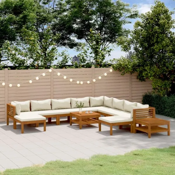 Set mobilier grădină cu perne crem 12 piese lemn masiv acacia