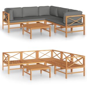 Set mobilier grădină cu perne gri, 6 piese, lemn masiv de tec