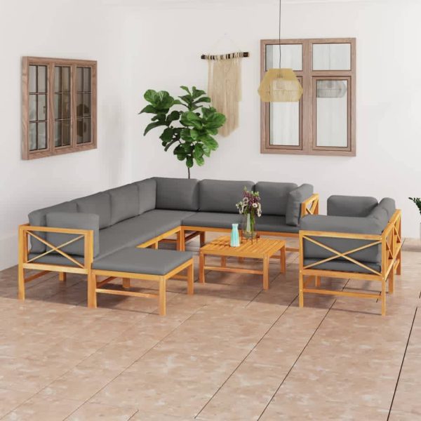 Set mobilier grădină cu perne gri, 10 piese, lemn masiv de tec
