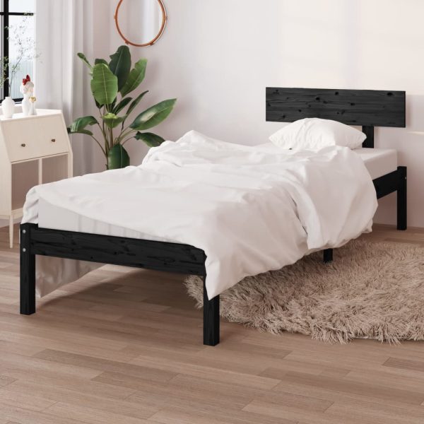 Cadru de pat mic single, negru, 75×190 cm, lemn masiv