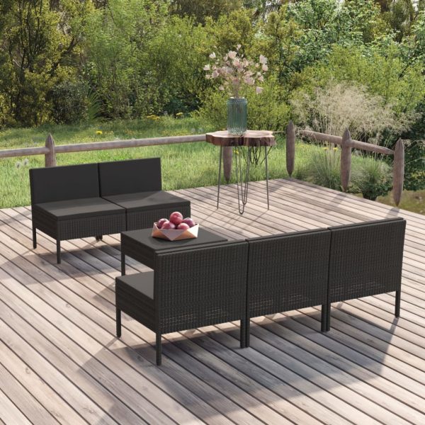 Set mobilier de grădină cu perne, 6 piese, negru, poliratan