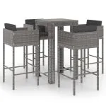 Set mobilier bar de grădină cu perne, 5 piese, gri, poliratan