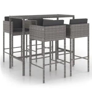 Set mobilier bar de grădină cu perne, 5 piese, gri, poliratan