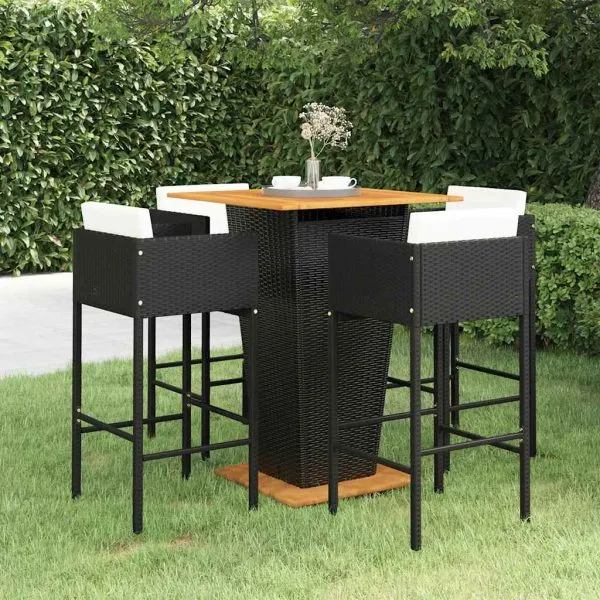 Set mobilier bar de grădină cu perne, 5 piese, negru, poliratan