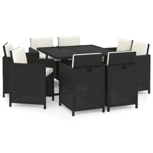Set mobilier de grădină cu perne, 9 piese, negru, poliratan