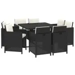 Set mobilier de grădină cu perne, 9 piese, negru, poliratan
