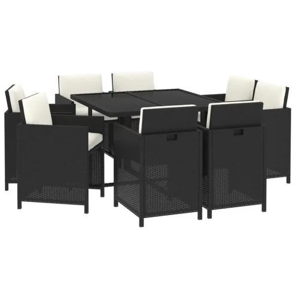 Set mobilier de grădină cu perne, 9 piese, negru, poliratan