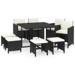 Set mobilier de grădină cu perne, 9 piese, negru, poliratan
