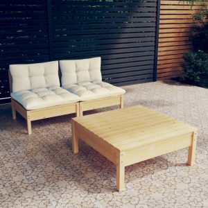Set mobilier grădină cu perne crem, 3 piese, lemn de pin