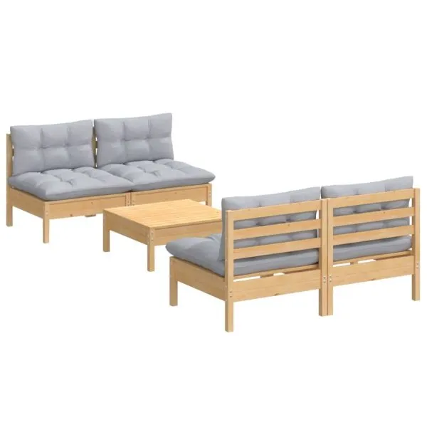 Set mobilier grădină cu perne gri, 5 piese, lemn masiv de pin
