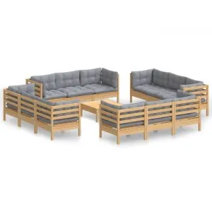 Set mobilier grădină cu perne, 13 piese, gri, lemn de pin