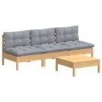 Set mobilier grădină cu perne, 4 piese, gri, lemn de pin