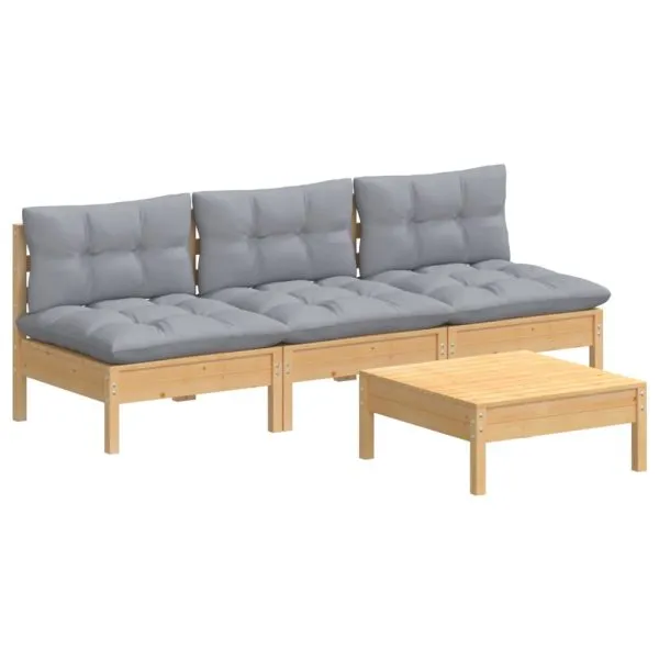 Set mobilier grădină cu perne, 4 piese, gri, lemn de pin