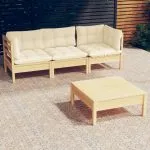 Set mobilier grădină cu perne crem, 4 piese, lemn de pin
