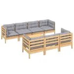 Set mobilier de grădină cu perne gri, 8 piese, lemn masiv pin