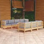 Set mobilier de grădină cu perne gri, 8 piese, lemn masiv pin