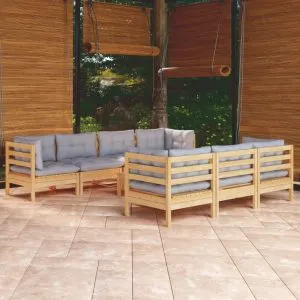 Set mobilier de grădină cu perne gri, 8 piese, lemn masiv pin