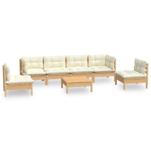 Set mobilier grădină cu perne crem, 7 piese, lemn masiv pin