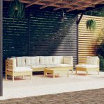 Set mobilier grădină cu perne crem, 7 piese, lemn masiv pin