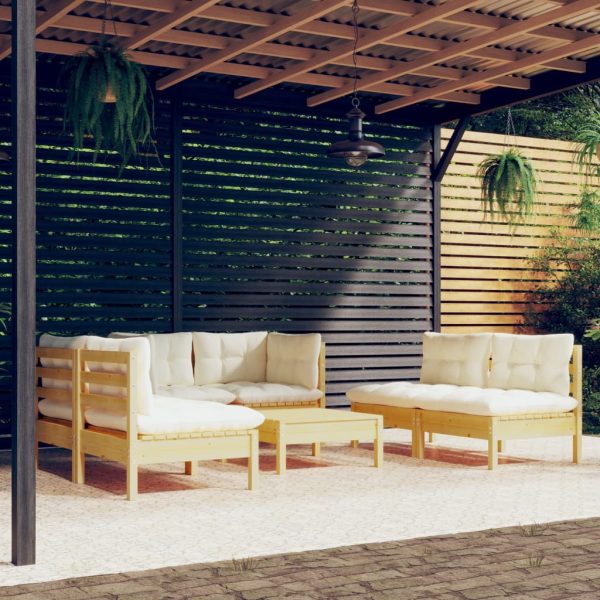 Set mobilier grădină cu perne crem, 7 piese, lemn masiv de pin