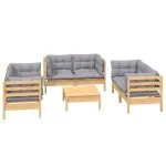 Set mobilier grădină cu perne gri, 7 piese, lemn masiv de pin