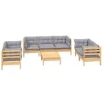 Set mobilier de grădină cu perne gri, 8 piese, lemn masiv pin