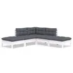 Set mobilier grădină cu perne, 5 piese, alb, lemn de pin