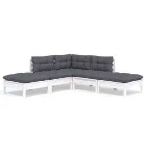 Set mobilier grădină cu perne, 5 piese, alb, lemn de pin