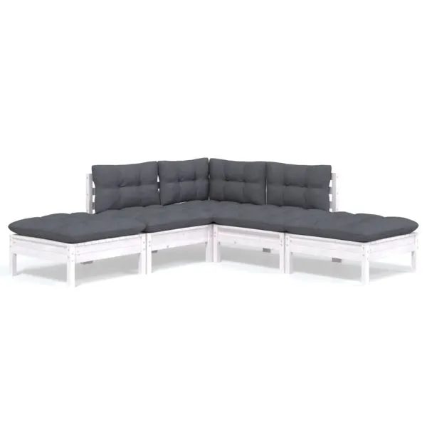 Set mobilier grădină cu perne, 5 piese, alb, lemn de pin