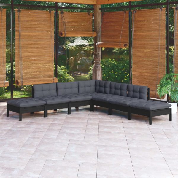 Set mobilier grădină cu perne, 7 piese, negru, lemn de pin