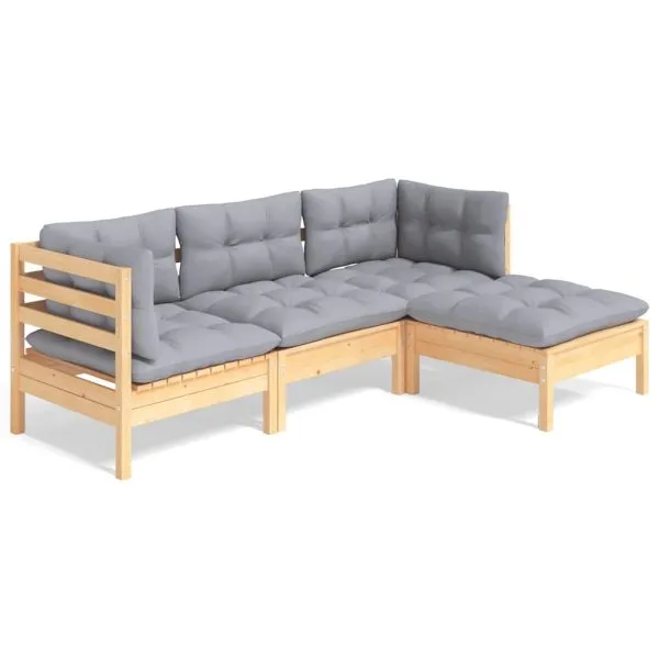 Set mobilier grădină cu perne, 4 piese, gri, lemn de pin