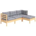 Set mobilier grădină cu perne, 4 piese, gri, lemn de pin