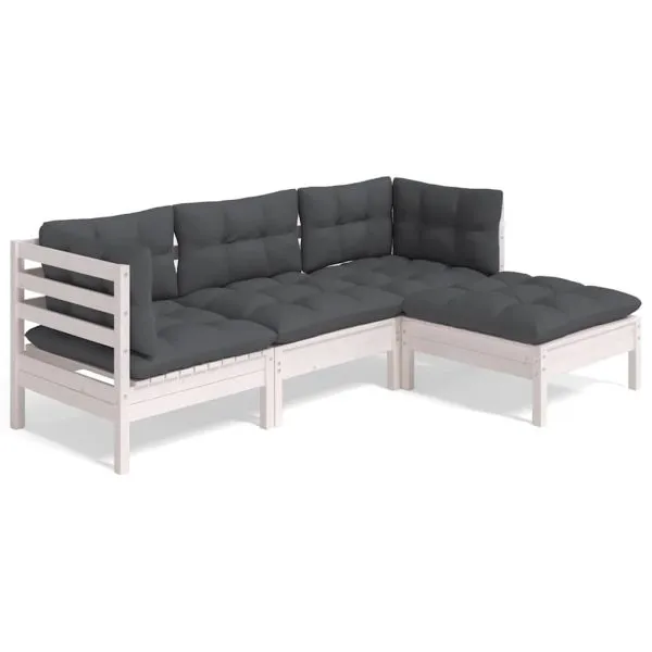 Set mobilier grădină cu perne, 4 piese, alb, lemn de pin