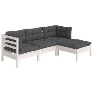 Set mobilier grădină cu perne, 4 piese, alb, lemn de pin