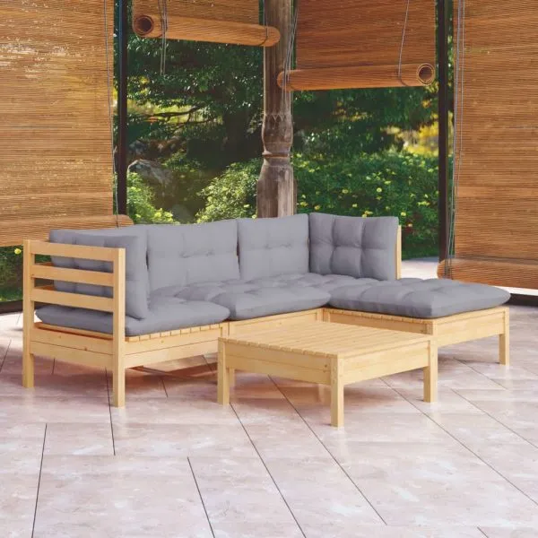 Set mobilier grădină cu perne gri, 5 piese, lemn masiv de pin