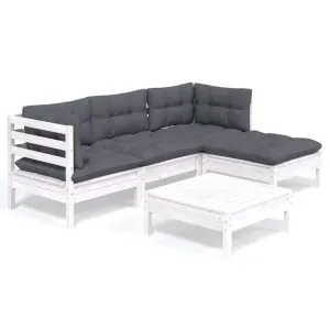 Set mobilier grădină cu perne, 5 piese, alb, lemn de pin