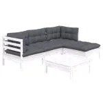 Set mobilier grădină cu perne, 5 piese, alb, lemn de pin