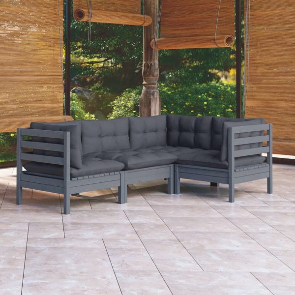 Set mobilier de grădină cu perne, 4 piese, gri, lemn de pin
