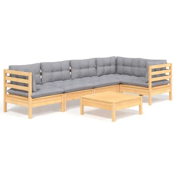 Set mobilier grădină cu perne gri, 6 piese, lemn de pin