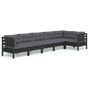 Set mobilier de grădină cu perne, 6 piese, negru, lemn de pin
